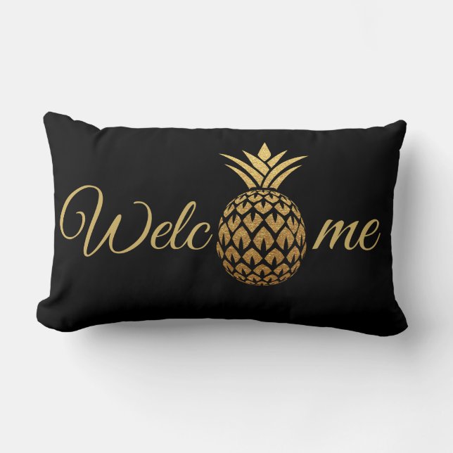 Coussin Rectangle Ananas doré Bienvenue noire (Recto)