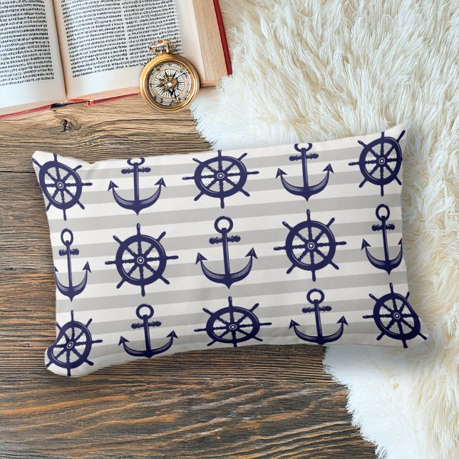 Coussin Rectangle Ancre Bleue Marine Roue De Bateau Rayure Grise Nau (Créateur téléchargé)
