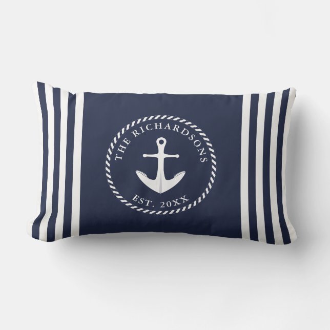 Coussin Rectangle Ancre Marine bleu et blanc Personnalisé Nautique (Recto)