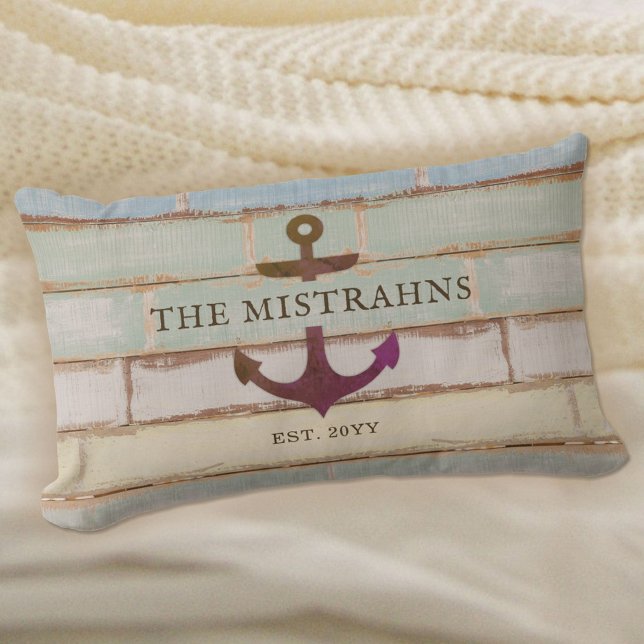 Coussin Rectangle Ancre nautique Nom de famille Bois rustique (Créateur téléchargé)