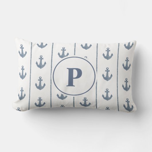 Coussin Rectangle Ancres Nautiliques et Rayures de Corde | Monogramm (Recto)