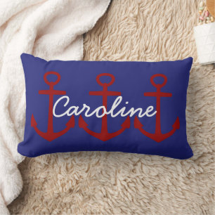 Coussin Rectangle Ancres rouges sur fond bleu marine personnalisé