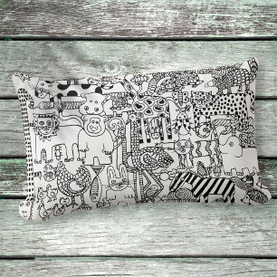 Coussin Rectangle Animaux sauvages noirs et blancs, dessin à la main