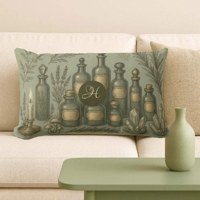 Coussin Rectangle Apothicaire de sorcière Herbal Sage Vert Magie Mon (Witchs Apothecary Herbal Sage Green Magic Monogram Lumbar Pillow)