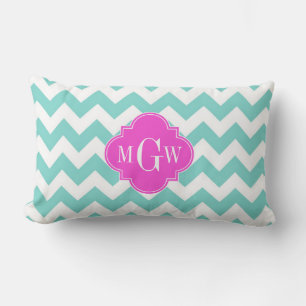 Coussin Rectangle Aqua Blanc Chevron Rose Chaud Quatrefeuille 3 Mono