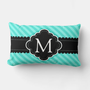 Coussin Rectangle Aqua Blue Stripes Motif Black Custom Monogramme