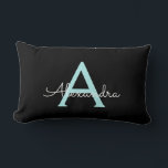 Coussin Rectangle Aqua Teal Blue Script Girly Monogram<br><div class="desc">Aqua Turquoise Monogramme Bleu et Noir Ajoutez votre propre nom Lumbar Coussin. Cela rend le cadeau parfait pour 16 ans,  mariage,  douche nuptiale,  anniversaire,  baby shower ou bachelorette pour quelqu'un qui aime le luxe glam et les styles chic.</div>