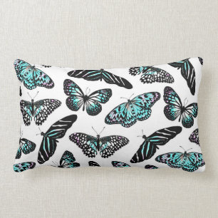 Coussin Rectangle Aqua Turquoise Papillons noirs Motif aquarelle