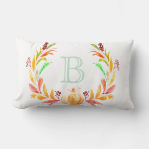 Coussin Rectangle Aquarelle Automne Citrouille & Laurels Lettre init