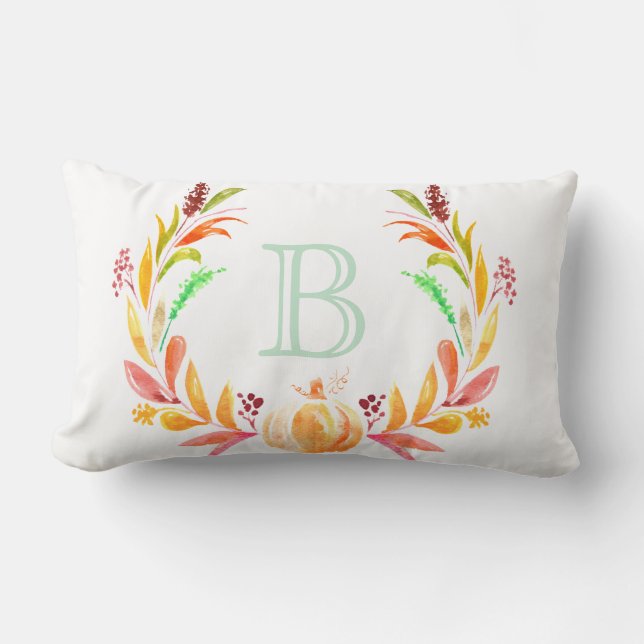 Coussin Rectangle Aquarelle Automne Citrouille & Laurels Lettre init (Recto)
