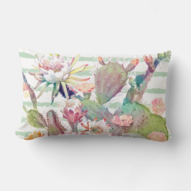Coussin Rectangle Aquarelle Cactus Floral Stripes Design (Recto)