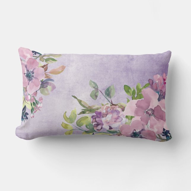Coussin Rectangle Aquarelle de fleurs mauves et mauves (Recto)