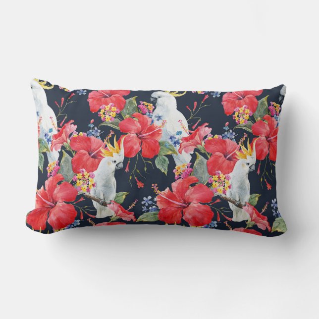 Coussin Rectangle Aquarelle d'oiseaux tropicaux Fleurs d'Hibiscus ro (Recto)