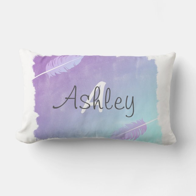 Coussin Rectangle Aquarelle et plumes de Bohême bleu et violet (Recto)