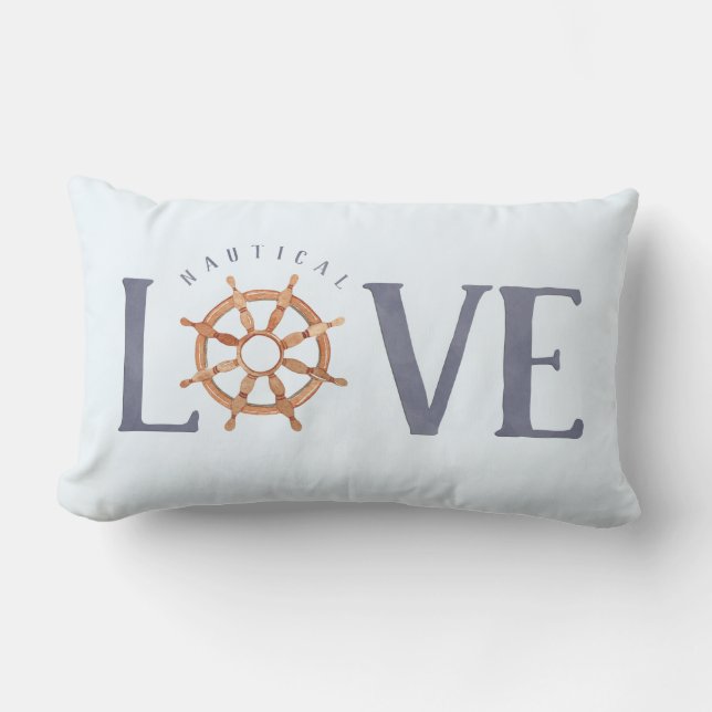 Coussin Rectangle Aquarelle LOVE nautique Typographie + Roue du navi (Recto)