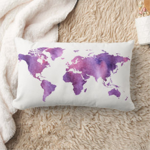 Coussin Rectangle Aquarelle mignonne violet Carte du monde Voyage