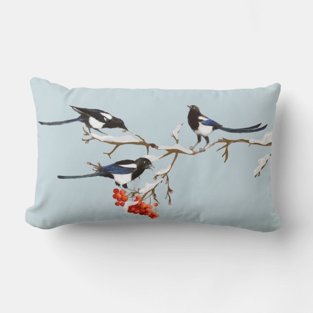 Coussin Rectangle Aquarelle Noël Holly Magpie Oiseau Nature Art (Recto)