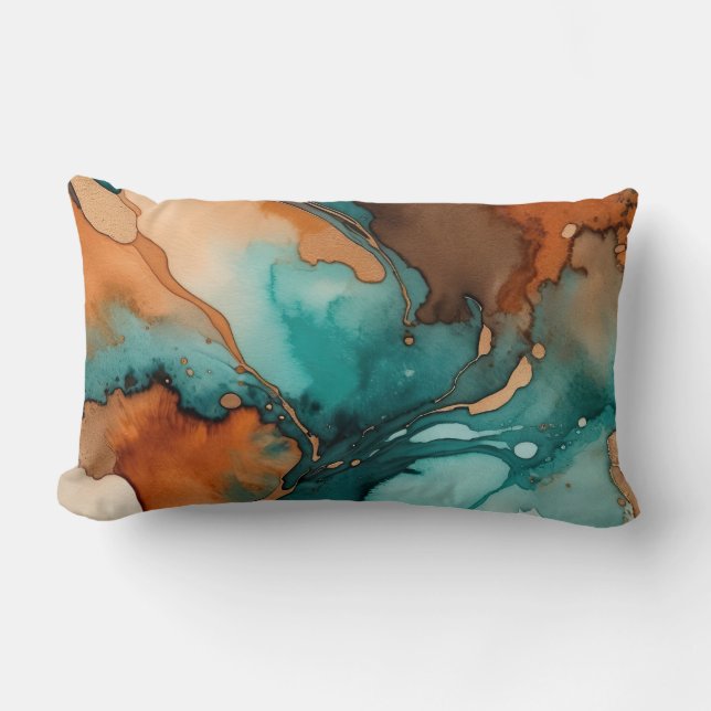 Coussin Rectangle Aquarelle orange brûlée, turquoise, rouille et noi (Recto)