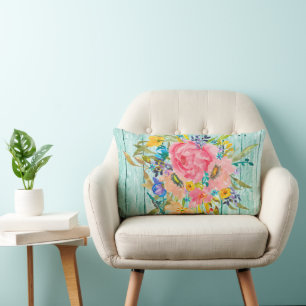 Coussin Rectangle Aquarelle Rose Floral Spray sur Chippy Aqua