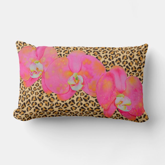 Coussin Rectangle Aquarelle rose orchidées florales léopard cheetah  (Recto)