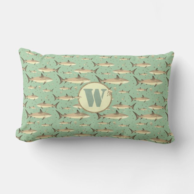 Coussin Rectangle Aquarelle vert mer Monogramme requin + méduse (Recto)