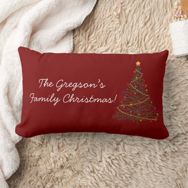 Coussin Rectangle Arbre décoré 'Joyeux Noël' et nom de famille Rouge (Couverture)