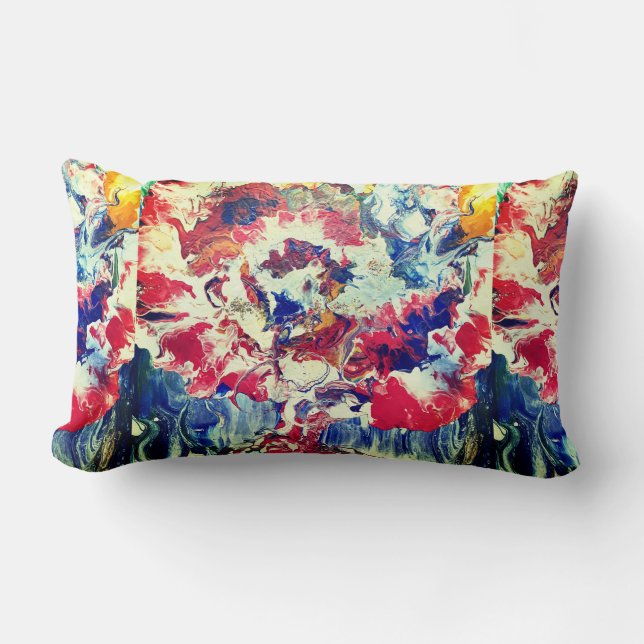 Coussin Rectangle Arbre en fleurs rouge abstrait bleu jaune (Recto)