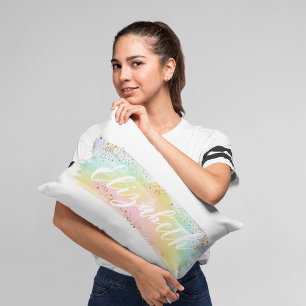 Coussin Rectangle Arc-en-ciel aquarelle mignon Nom personnalisé