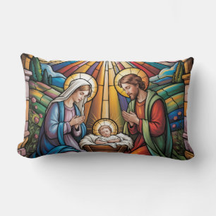 Coussin Rectangle Art de verre teinté de la Nativité – Noël de la Sa