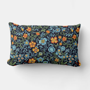 Coussin Rectangle Art floral complexe : Fleurs bleues et orange