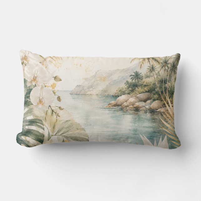 Coussin Rectangle Art mural aquarelle tropical luxueux côtier (Recto)
