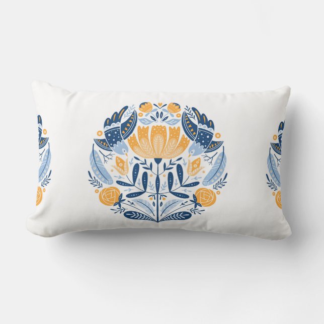 Coussin Rectangle Art populaire ornement rond avec oiseaux, roses et (Recto)