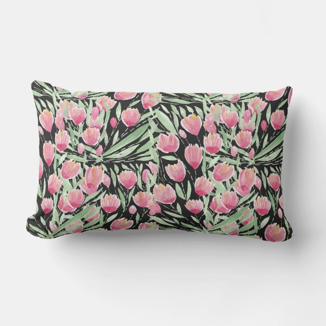 Coussin Rectangle Artsy rose Tulips Noir Floral Aquarelle (Recto)