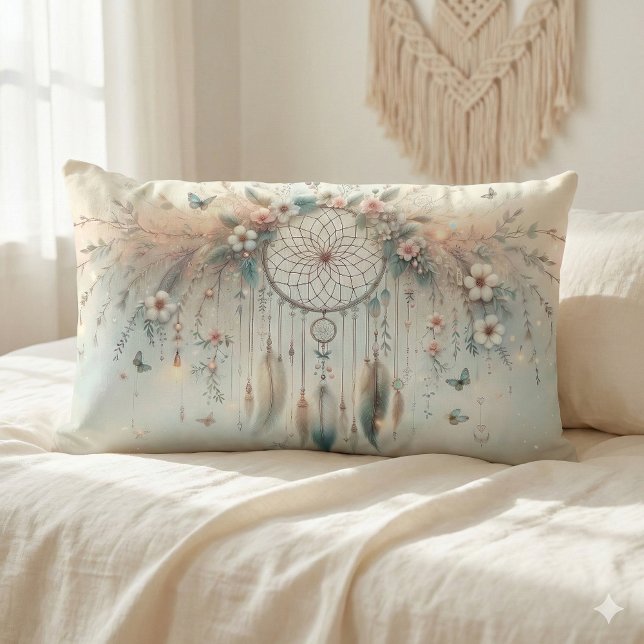 Coussin Rectangle Attrape-rêves Floral Papillon Pastel (Pastel Floral Butterfly Dreamcatcher Lumbar Pillow Mockup A)