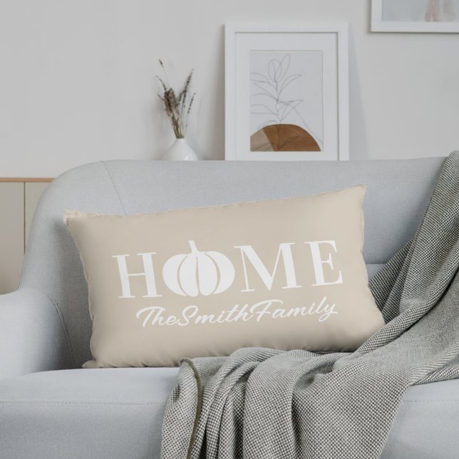 Coussin Rectangle Automne Blanc Citrouille Nom de famille Beige (Créateur téléchargé)