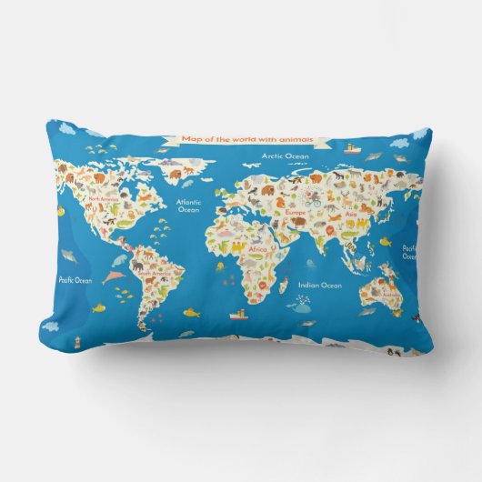 Coussin Rectangle Badine la carte du monde avec des animaux (Recto)