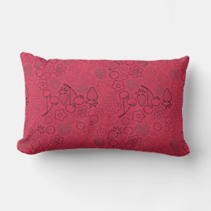 Coussin Rectangle Baie Fraise Cerise Noir Dessiné à la main Moderne.