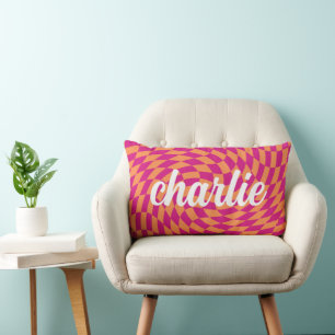 Coussin Rectangle Balayage de damier rétro vague chaude rose orange