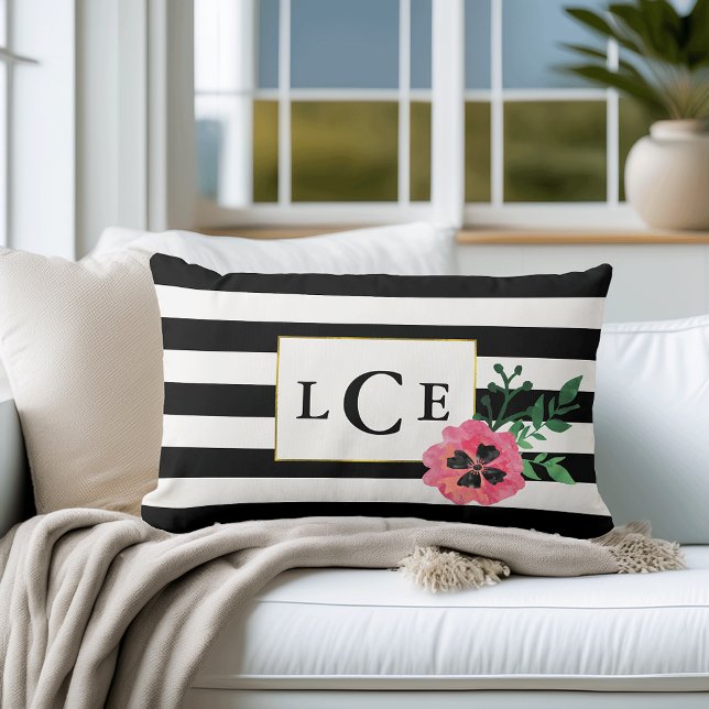 Coussin Rectangle Bande noire et monogramme floral rose Lisse oreill (Créateur téléchargé)