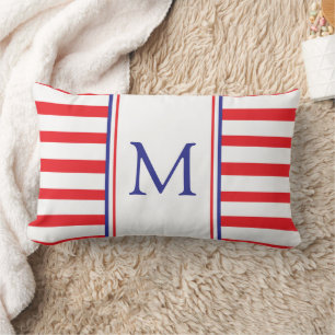 Coussin Rectangle Bande rouge et blanche avec Monogramme bleu marine