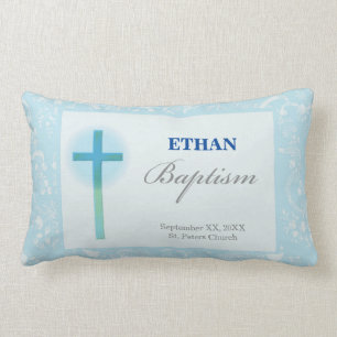 Coussin Rectangle Baptême de garçon au dentelle bleue