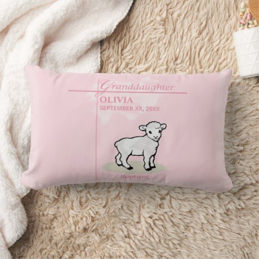 Coussin Rectangle Baptême de petite-fille Rose Fille Agneau Nom et D (Couverture)