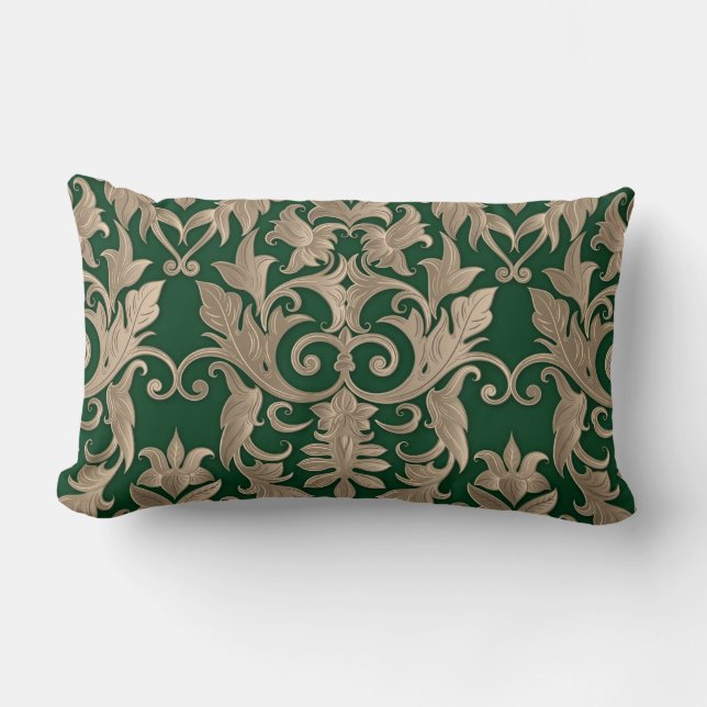 Coussin Rectangle Baroque Damask Brocade crème beige sur vert (Recto)