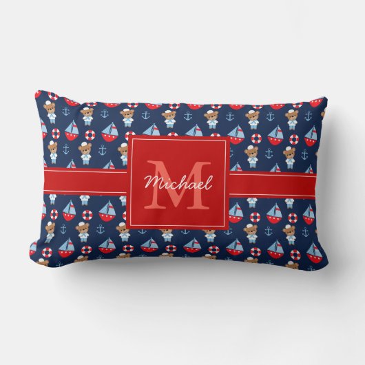 Coussin Rectangle Bateaux à voile et ours Motif Monogramme (Recto)