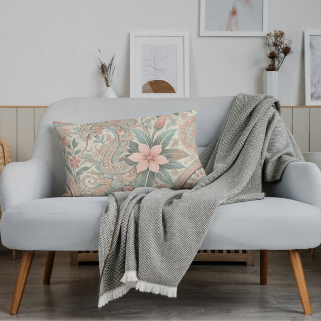 Coussin Rectangle Batik indonésien motif floral Boho rose bleu (Créateur téléchargé)