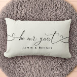 Coussin Rectangle Be Our guest Custom Text Modern Stylish Home<br><div class="desc">Modern trendy script calligraphy with flourishes reading "Be our guest" on this elegant black and ivory lumbar throw pillow,  perfect to welcome guests to your home,  vacation rental,  or bed and breakfast.</div>