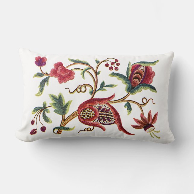 Coussin Rectangle Belle broderie traditionnelle Jacobéenne Crewel (Recto)