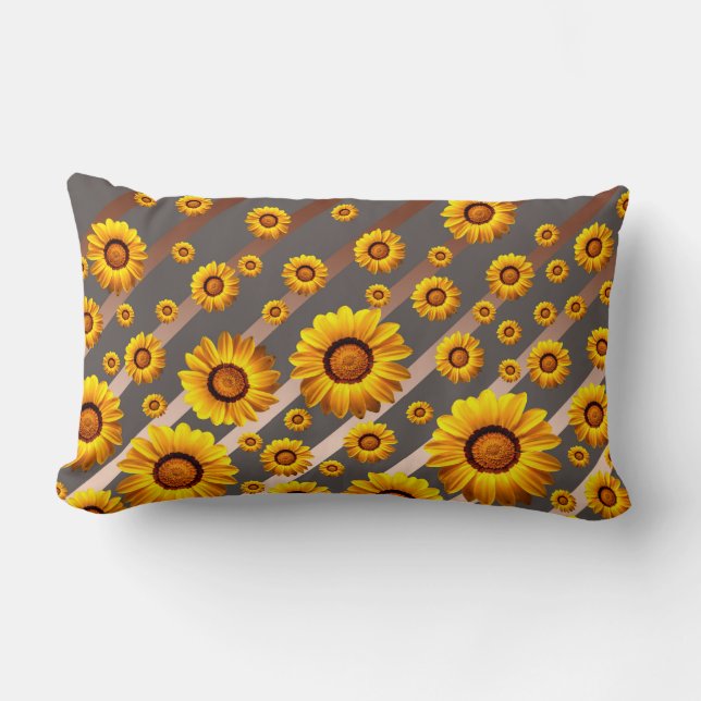 Coussin Rectangle Belles fleurs jaunes sur gris, rayures marron (Recto)