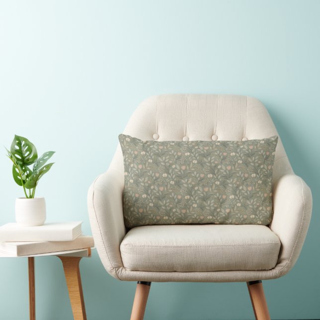 Coussin Rectangle Belles Fleurs sur Vert Sauge, Tons Terreux Atténué (Chaise)