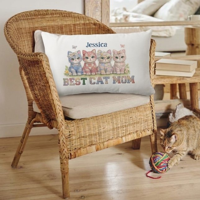 Coussin Rectangle Best Cat Mom Patchwork Funny Personalized Pillow (Créateur téléchargé)